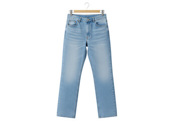 Isolated denim jeans on a hanger, fashionable and stylish casual clothes for everyday wear