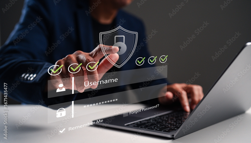 Poster a person entering login credentials on a laptop with digital security elements, emphasizing online s