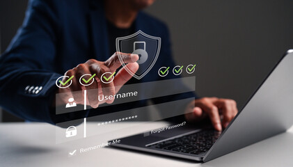 A person entering login credentials on a laptop with digital security elements, emphasizing online safety and authentication.