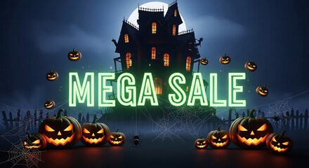 Spooky halloween mega sale with haunted house and jack o lanterns