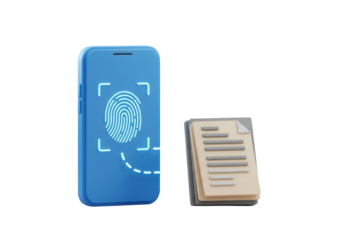 Isolated smartphone with fingerprint authentication next to stack of papers for security access