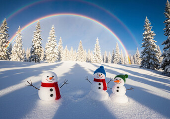 Fototapeta premium Three Cute Snowmen in a Snowy Winter Wonderland with Rainbow 