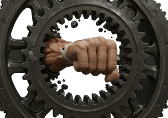 Isolated fist punching through gear revealing muscles, strength or power concept art