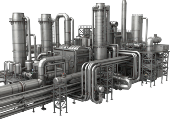 Isolated industrial chemical plant, metallic piping and processing tanks engineering design