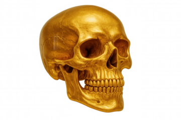 Gilded human skull resting against transparent backdrop, symbolizing mortality, opulence, luxury aesthetic