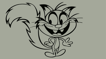 Cartoonish squirrel with a big smile and fluffy tail standing in a playful pose in black and white style silhouette