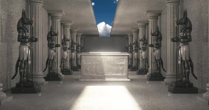 4k Resolution Video: Ancient Egyptian Afterlife Concept. Sarcophagus Surrounded By Anubis Statues In Stone Temple Hall With Sliding Ceiling And A View Of The Sky With Clouds