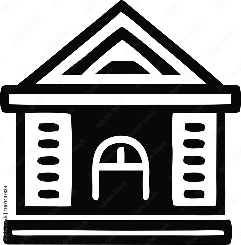 Poster monochromatic simple building icon representing a house or structure with a distinctive archway entr