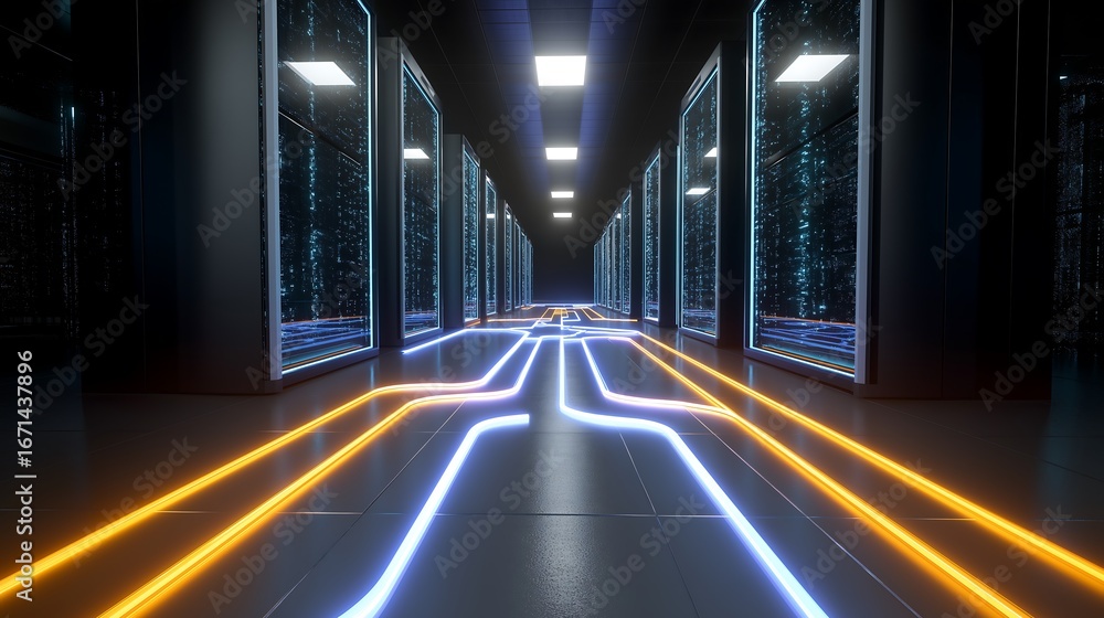 Aufkleber advanced quantum computer room with glowing circuits, futuristic processors, and neon energy lines