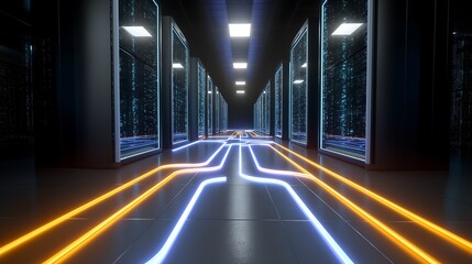 Advanced quantum computer room with glowing circuits, futuristic processors, and neon energy lines