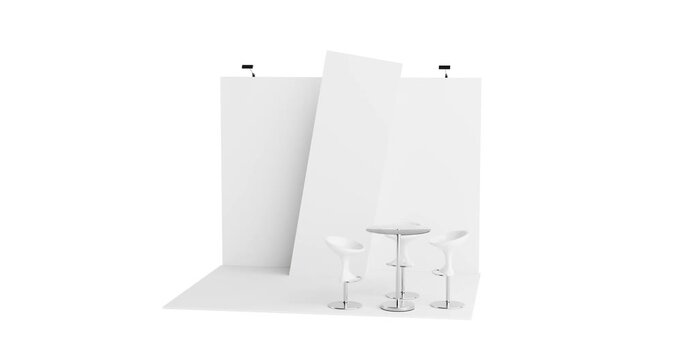 4k Resolution Video: Exhibition Concept. Empty White Stand With Minimal Chairs And Table Is Shown From Different Angles on White Background with Alpha Matte