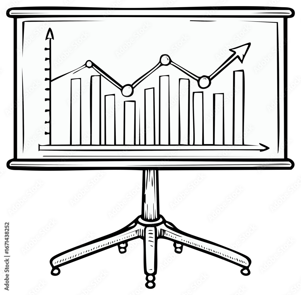 Poster hand drawn style graph on whiteboard visual presentation showing rising sales statistics