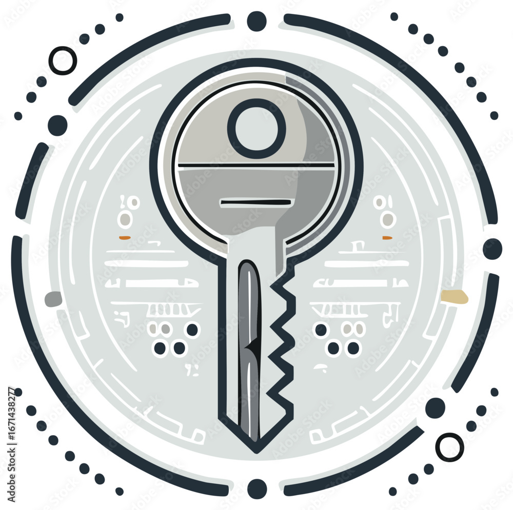 Poster abstract key graphic with intricate circuitry design in circular configuration