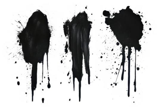 Three black ink splatters and drips isolated on transparent background, abstract grunge texture with paint drops and splashes - Powered by Adobe