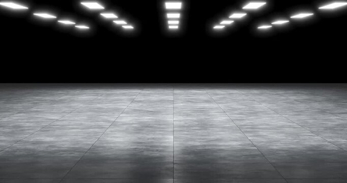 4k Resolution Video: Futuristic Interior Concept. Bright Ceiling Lights Come On One By One In Empty Dark Room With Concrete Floor