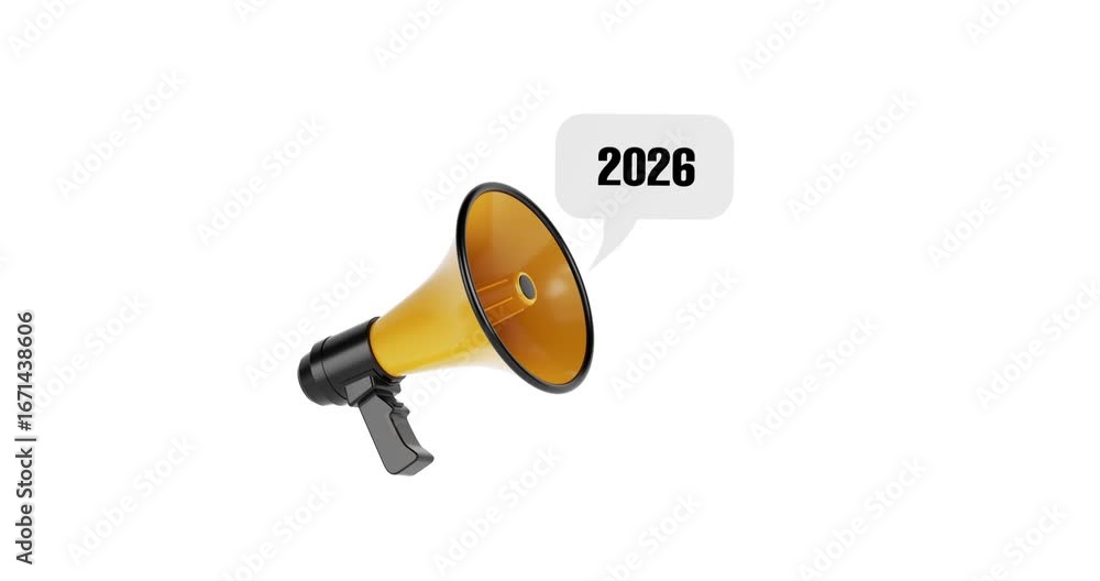 Aufkleber 4k resolution video: announcement concept. yellow megaphone with speech bubble showing year 2026 and