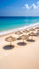 Beach scene with straw umbrellas