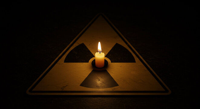 A lit candle rests on a worn ionizing radiation warning sign, symbolizing power outage or lack of energy.