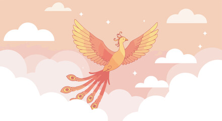 Fototapeta premium Phoenix flight Cartoon bird soaring above clouds in a pastel pink sky