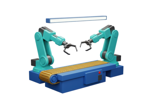Isolated Manufacturing Assembly Line, 3D Illustration, a production concept with robotic arms