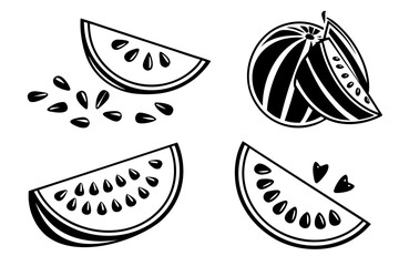 Stylized Black and White Watermelon Slices and Seeds.