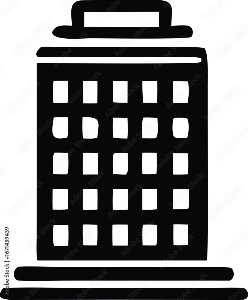 Poster simple silhouette icon of a high-rise building with multiple windows and a flat roof for cityscapes 