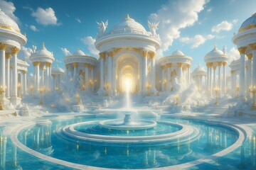 Fototapeta premium Majestic ethereal city with grand architecture and glowing fountain