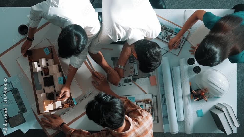 Aufkleber top down view of smart architect engineer measure blueprint by using architectural equipment while g