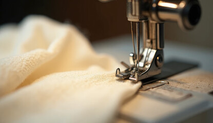Close up of a sewing machine needle stitching beige cloth, showcasing the process of garment creation or fabric repair