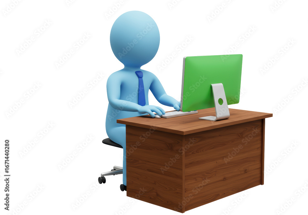 Fototapete isolated worker working on the computer at the desk in the office - 3d rendering