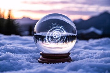 Crystal ball with glowing spiral on snowy base in sunset-lit winter landscape