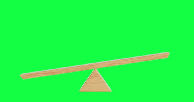 4k Resolution Video: Imbalance And Contrast Concept. Wooden Seesaw With Tilted Plank Balancing On Green Screen Background Symbolizing Uneven Distribution with Alpha Matte