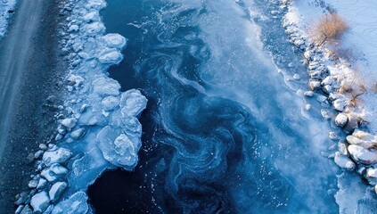 Frozen river's icy swirls