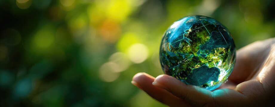 A hand holds a crystal globe of the Earth, with a blurred natural background
