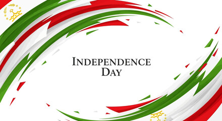 Abstract Independence Day design with waving red, white, and green stripes, featuring the Tajikistan emblem on a white background.