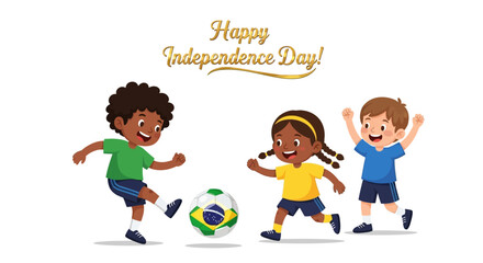 Three cartoon children playing soccer with a Brazilian flag-themed ball, celebrating Independence Day with a cheerful, festive design.