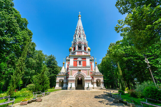 Shipka Memorial Church with colorful facade and tall spire in Bulgaria