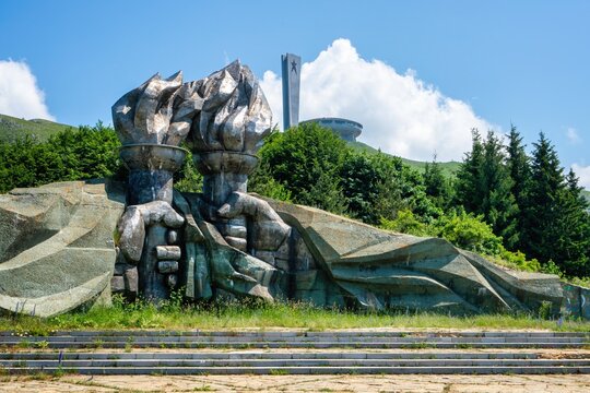 Iron fist and Buzludzha monuments in Bulgaria