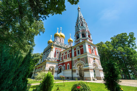 Shipka Memorial Church with colorful facade and tall spire in Bulgaria