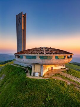 Buzludzha Monument drone view of the mountains at sunset in Bulgaria