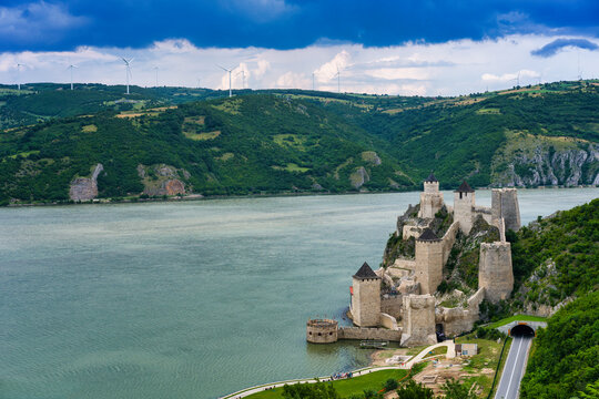 Golubac Fortress by the Danube River and a stormy sky, Serbia