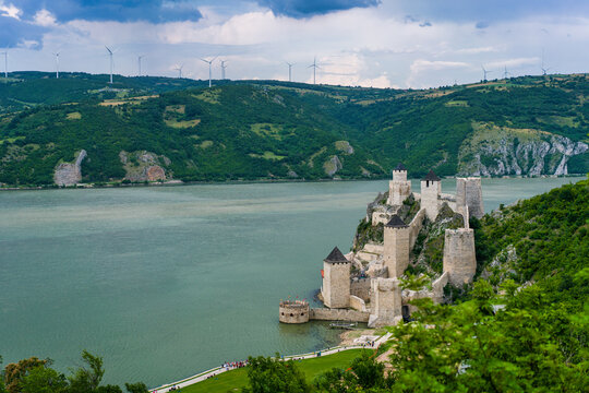 Golubac Fortress by the Danube River and a stormy sky, Serbia