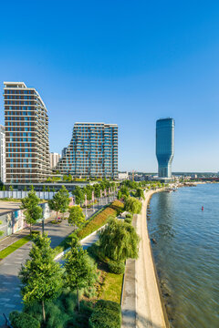 Belgrade waterfront on Sava River with modern buildings in Serbia