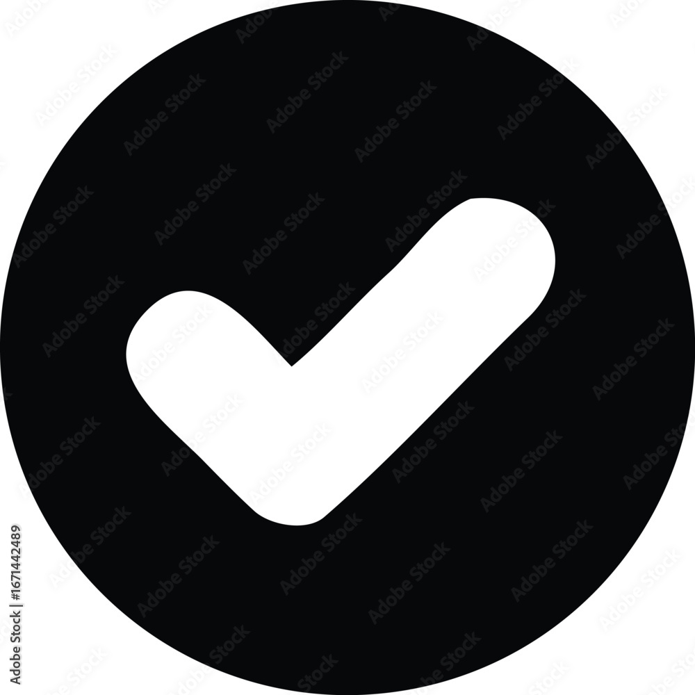 Poster simple black circle with white checkmark icon for approved selection confirmation success or validat