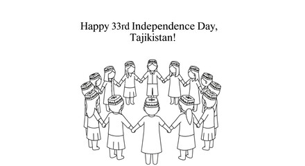 Obraz premium A black and white illustration celebrating Tajikistan's 33rd Independence Day, featuring children holding hands in a circle.