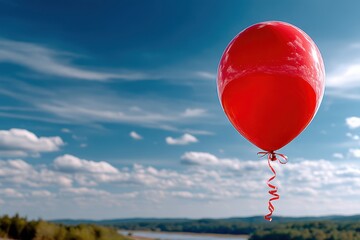 A lone red balloon floats against a picturesque blue sky and landscape