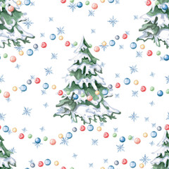 Seamless pattern with Christmas trees, snowflakes and garlands. New Year's watercolor illustration for decorating holiday packaging, interiors, printing on fabric, invitations