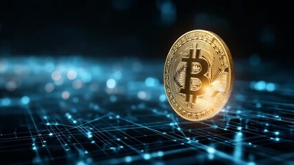 A shiny gold coin with the letter B on it is floating in the air. Glowing bitcoin coin trapped behind digital firewall grid, crypto ban, futuristic dark blue sci-tech background - Powered by Adobe