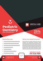 A dental flyer features red and black geometric shapes, promoting pediatric dentistry with text, a tooth icon, and a 25% discount offer.
