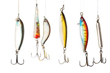 Assorted colorful fishing lures with hooks isolated on a transparent background hanging
